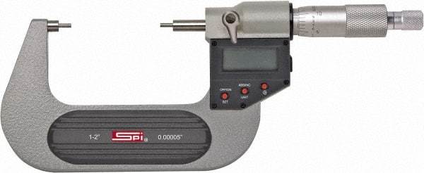 SPI - 0 to 1 Inch, 1.26 Inch Throat Depth, Electronic Spline Micrometer - 0.0001 Inch Accuracy, 0.00005 Inch Graduation, 0.25 Inch Spindle Diameter, 3mm Head Diameter, Ratchet Stop Thimble, Data Output - Caliber Tooling