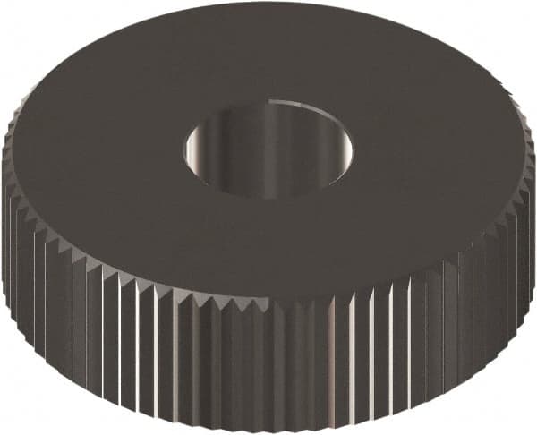 Made in USA - 1/2" Diam, 70° Tooth Angle, 50 TPI, Beveled Face, Form Type Cobalt Straight Knurl Wheel - 3/16" Face Width, 3/16" Hole, Circular Pitch, 0° Helix, Ferritic Nitrocarburizing Finish, Series EP - Exact Industrial Supply