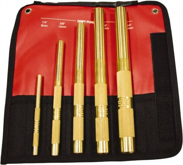 Mayhew - 5 Piece, 1/4 to 3/4", Drift Punch Set - Round Shank, Brass, Comes in Kit Bag - Caliber Tooling