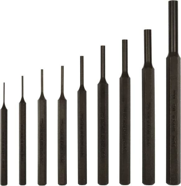 Mayhew - 9 Piece, 1.5 to 10mm, Pin Punch Set - Hex Shank, Steel, Comes in Kit Bag - Caliber Tooling