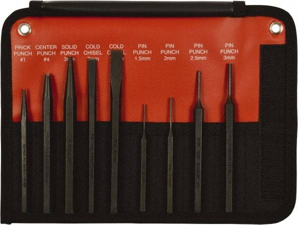 Mayhew - 9 Piece, 9/32 to 5/32", Pin Punch Set - Hex Shank, Steel, Comes in Kit Bag - Caliber Tooling