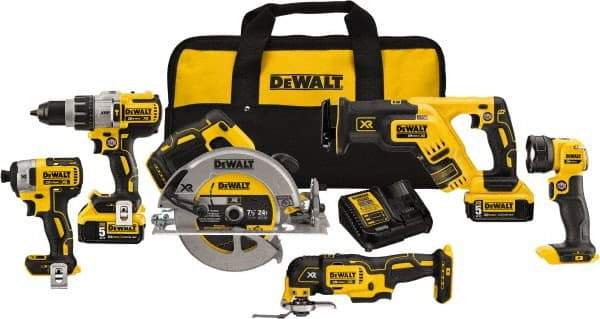 DeWALT - 20 Volt Cordless Tool Combination Kit - Includes 1/2" Brushless Hammerdrill, 1/4" Brushless Impact Driver, Brushless Reciprocating Saw, 7-1/2" Brushless Circular Saw, Oscillating Tool & LED Worklight, Lithium-Ion Battery Included - Caliber Tooling