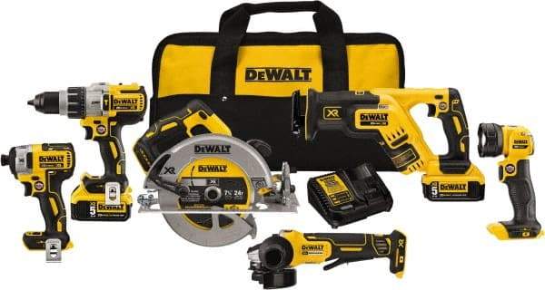 DeWALT - 20 Volt Cordless Tool Combination Kit - Includes 1/2" Brushless Hammerdrill, 1/4" Brushless Impact Driver, Brushless Reciprocating Saw, 7-1/2" Brushless Circular Saw, Cut-Off Tool/Grinder & LED Worklight, Lithium-Ion Battery Included - Caliber Tooling