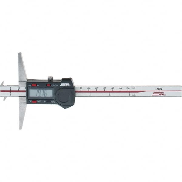 SPI - 0" to 150mm Stainless Steel Electronic Depth Gage - 0.02mm Accuracy, 0.01mm Resolution, 100mm Base Length, Hook Included - Caliber Tooling