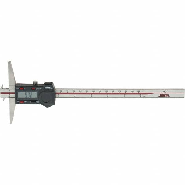 SPI - 0" to 200mm Stainless Steel Electronic Depth Gage - 0.03mm Accuracy, 0.01mm Resolution, 100mm Base Length, Hook Included - Caliber Tooling