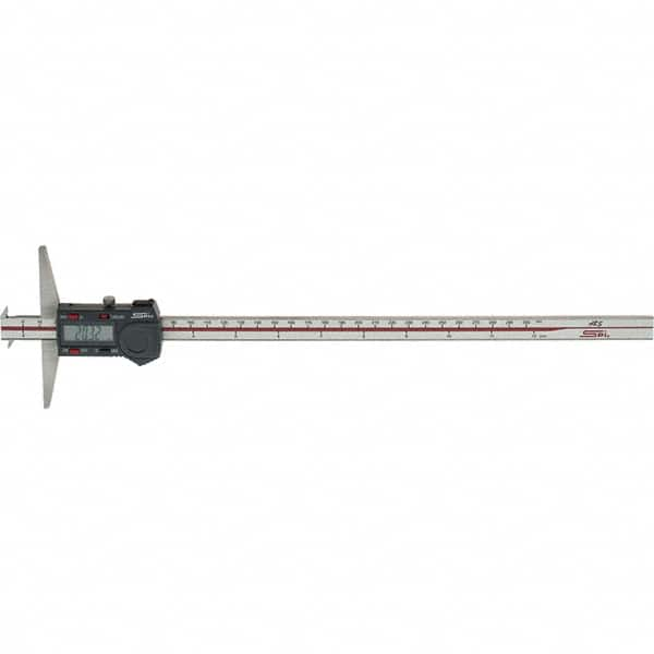 SPI - 0" to 300mm Stainless Steel Electronic Depth Gage - 0.04mm Accuracy, 0.01mm Resolution, 100mm Base Length, Hook Included - Caliber Tooling