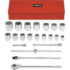 Proto - 22 Piece 1" Drive Chrome Finish Socket Set - 12 Points, 1-1/2" to 3-1/2" Range, Inch Measurement Standard - Caliber Tooling