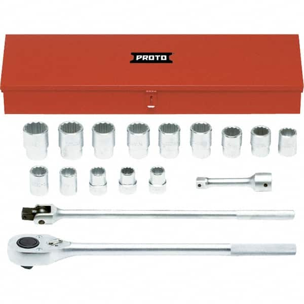 Proto - 17 Piece 1" Drive Chrome Finish Socket Set - 12 Points, 1-1/16" to 2" Range, Inch Measurement Standard - Caliber Tooling