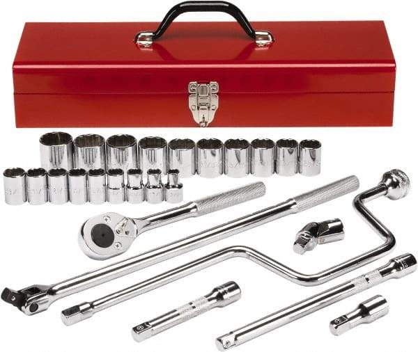 Proto - 26 Piece 1/2" Drive Chrome Finish Socket Set - 12 Points, 3/8" to 1-1/2" Range, Inch Measurement Standard - Caliber Tooling