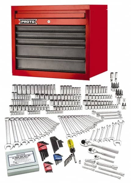 Proto - 302 Piece 1/4", 3/8" & 1/2" Drive Chrome Finish Deep Well Socket Set - 6, 12 Points, 5/32" to 1-1/2" (4mm to 24mm) Range, Inch/Metric Measurement Standard - Caliber Tooling