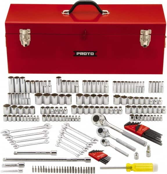 Proto - 184 Piece 1/4", 3/8" & 1/2" Drive Chrome Finish Deep Well Socket Set - 6, 12 Points, 3/16" to 1" (4mm to 22mm) Range, Inch/Metric Measurement Standard - Caliber Tooling