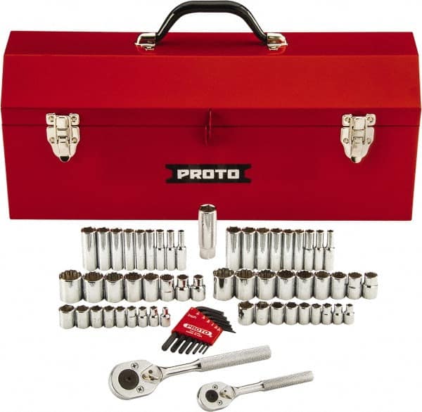 Proto - 63 Piece 1/4" & 3/8" Drive Chrome Finish Deep Well Socket Set - 6, 12 Points, 1/8" to 3/4" (5mm to 18mm) Range, Inch/Metric Measurement Standard - Caliber Tooling