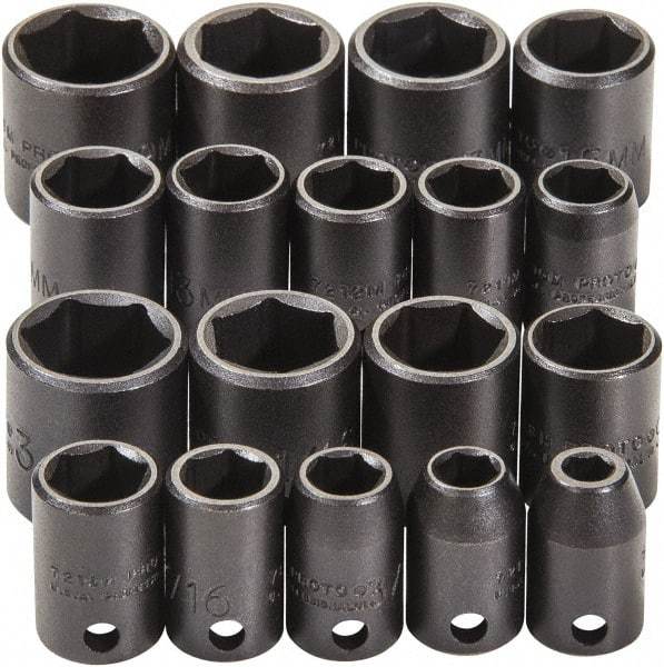 Proto - 18 Piece 3/8" Drive Black Finish Impact Socket Set - 6 Points, 1/4" to 3/4" (10mm to 19mm) Range, Inch/Metric Measurement Standard - Caliber Tooling