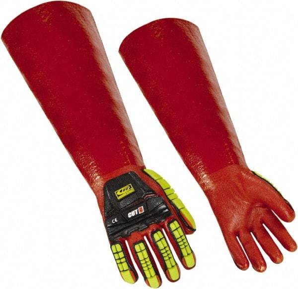 Ringers Gloves - Size S (8), 15" Long, 10 mil Thick, PVC Chemical Resistant Gloves - Textured Finish, KEVLAR Lined, Gauntlet Cuff, ANSI Abrasion Level 4, ANSI Cut Level 3, Hi-Viz Yellow/Red - Caliber Tooling