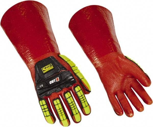 Ringers Gloves - Size M (10), 14" Long, 10 mil Thick, PVC Chemical Resistant Gloves - Textured Finish, KEVLAR Lined, Gauntlet Cuff, ANSI Abrasion Level 4, ANSI Cut Level 3, Hi-Viz Yellow/Red - Caliber Tooling