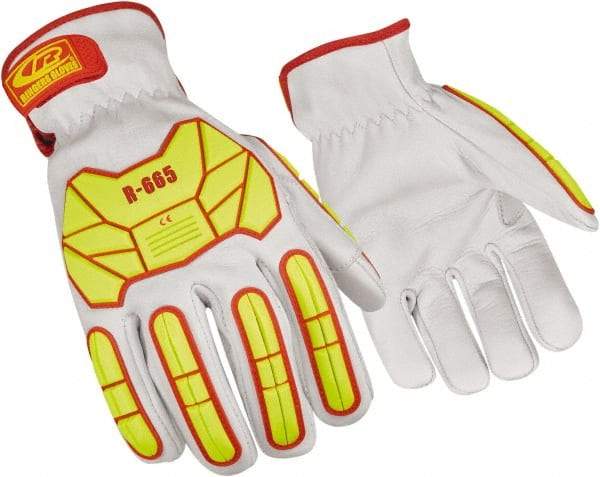 Ringers Gloves - Size 2XL (12), ANSI Cut Lvl 3, Goatskin Leather Cut Resistant Gloves - Hook & Loop Cuff, White/Hi-Vis Yellow, Paired - Caliber Tooling