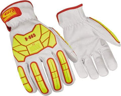 Ringers Gloves - Size 2XL (12), ANSI Cut Lvl 3, Goatskin Leather Cut Resistant Gloves - Hook & Loop Cuff, White/Hi-Vis Yellow, Paired - Caliber Tooling