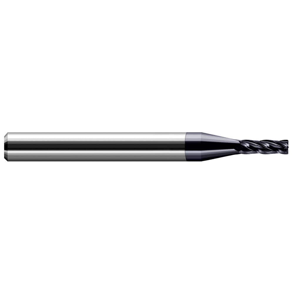 Corner Radius End Mill: 0.045″ Dia, 0.135″ LOC, 1/64″ Radius, 4 Flutes, Solid Carbide 1-1/2″ OAL, 1/8″ Shank Dia, 30 ° Helix, AlTiN Coated, Corner Radius End