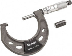 Starrett - 1 to 2" Range, 0.0001" Graduation, Mechanical Outside Micrometer - Ratchet Thimble, 1-1/4" Throat Depth, Accurate to 0.0001" - Caliber Tooling