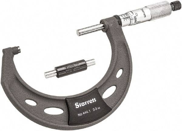 Starrett - 2 to 3" Range, 0.0001" Graduation, Mechanical Outside Micrometer - Ratchet Thimble, 1-3/4" Throat Depth, Accurate to 0.0001" - Caliber Tooling