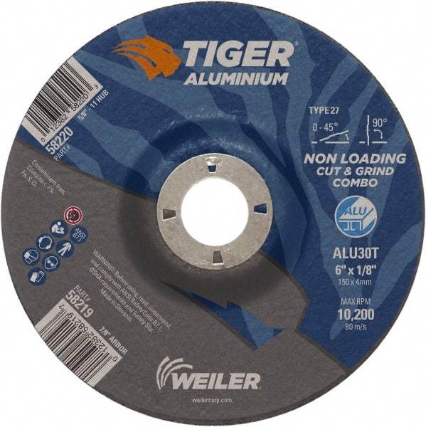 Weiler - 6" 30 Grit Aluminum Oxide/Silicon Carbide Blend Cutoff Wheel - 1/8" Thick, 7/8" Arbor, 10,200 Max RPM, Use with Angle Grinders - Caliber Tooling