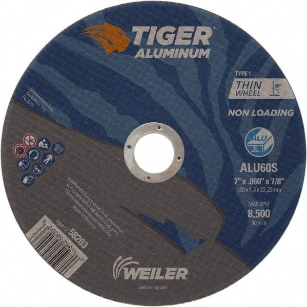 Weiler - 7" 60 Grit Aluminum Oxide/Silicon Carbide Blend Cutoff Wheel - 0.06" Thick, 7/8" Arbor, 8,500 Max RPM, Use with Angle Grinders - Caliber Tooling