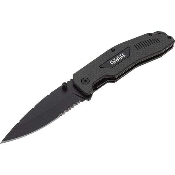 Stanley - 3-1/2" Blade, 8" OAL, Serrated & Straight Pocket Knife - 4-3/4" Closed Length, Carbon Fiber, 1 Blade, 1 Edge - Caliber Tooling