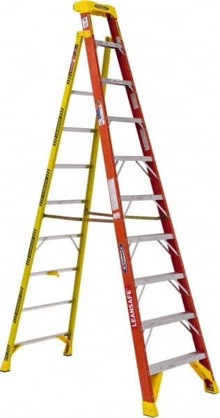 Werner - 9 Steps, 10' High, Type IA Rating, Fiberglass Step Ladder - 300 Lb Load Capacity, 31-13/64" Base Width - Caliber Tooling