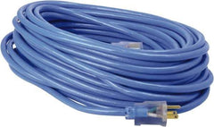 Southwire - 100', 14/3 Gauge/Conductors, Blue & Yellow Industrial Extension Cord - 3 Receptacles, 10 Amps, 125 VAC, UL SJTW, NEMA 5-15P - Caliber Tooling