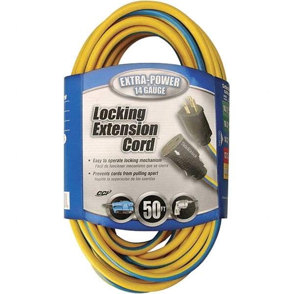 Southwire - 50', 14/3 Gauge/Conductors, Blue & Yellow Locking Extension Cord - 15 Amps, 125 VAC, UL SJTW, NEMA 5-15P - Caliber Tooling