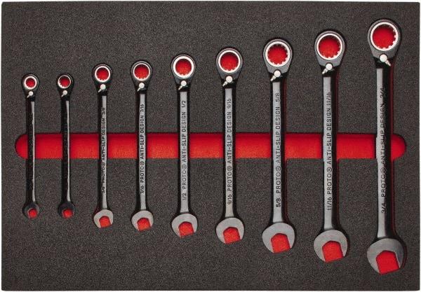 Proto - 9 Piece, 9/32" to 3/4", Spline Combination Wrench Set - Inch Measurement Standard, Black/Chrome Finish, Comes in Roll Pouch - Caliber Tooling