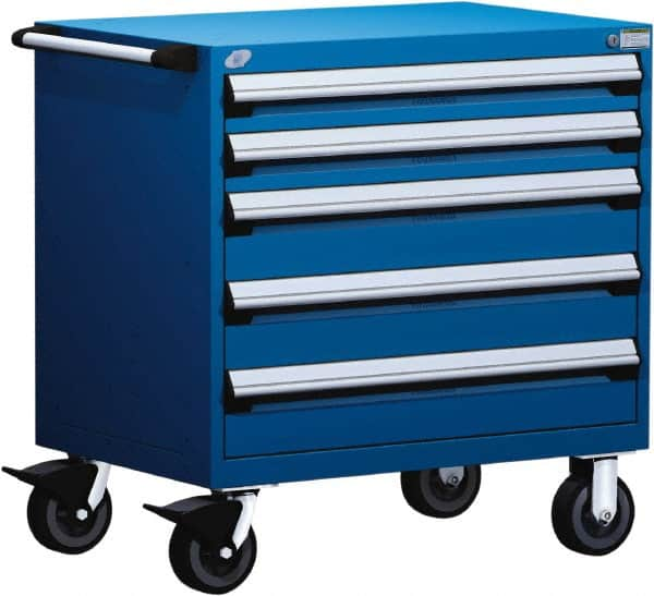 Rousseau Metal - 5 Drawer Steel Tool Roller Cabinet - 30" Wide x 37-1/2" High x 21" Deep, Ball Bearing Drawer Slides, Blue - Caliber Tooling