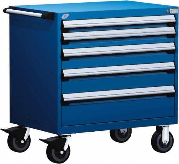 Rousseau Metal - 5 Drawer Steel Tool Roller Cabinet - 36" Wide x 37-1/2" High x 24" Deep, Ball Bearing Drawer Slides, Blue - Caliber Tooling