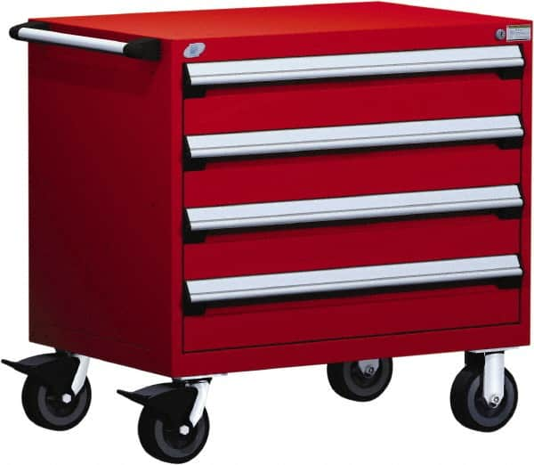 Rousseau Metal - 4 Drawer Steel Tool Roller Cabinet - 36" Wide x 35-1/8" High x 18" Deep, Ball Bearing Drawer Slides, Red - Caliber Tooling