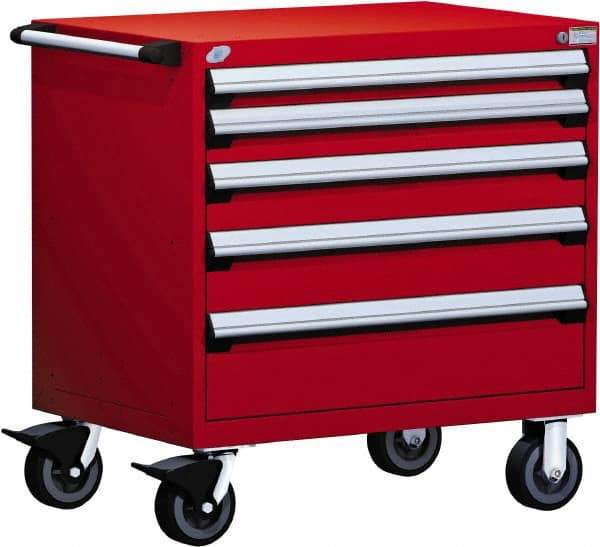 Rousseau Metal - 5 Drawer Steel Tool Roller Cabinet - 36" Wide x 37-1/2" High x 18" Deep, Ball Bearing Drawer Slides, Red - Caliber Tooling