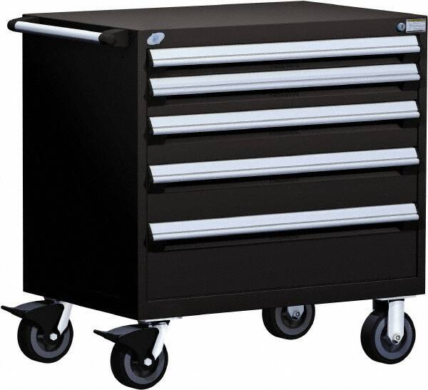 Rousseau Metal - 5 Drawer Steel Tool Roller Cabinet - 30" Wide x 37-1/2" High x 21" Deep, Ball Bearing Drawer Slides, Black - Caliber Tooling