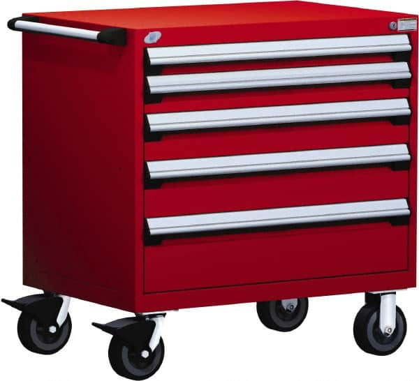 Rousseau Metal - 5 Drawer Steel Tool Roller Cabinet - 30" Wide x 37-1/2" High x 21" Deep, Ball Bearing Drawer Slides, Red - Caliber Tooling