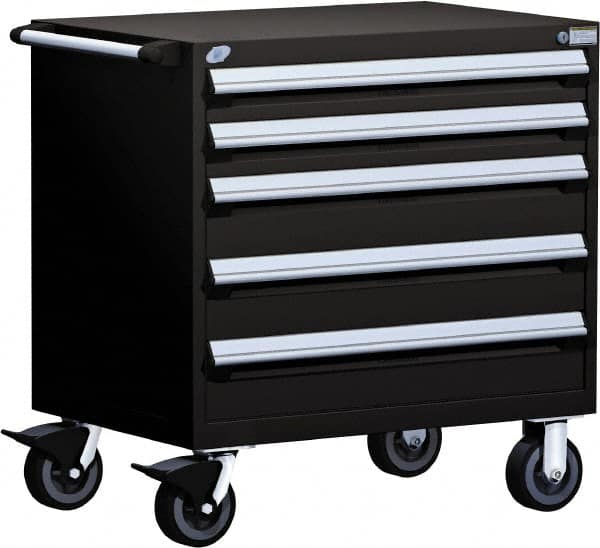 Rousseau Metal - 5 Drawer Steel Tool Roller Cabinet - 36" Wide x 37-1/2" High x 24" Deep, Ball Bearing Drawer Slides, Black - Caliber Tooling