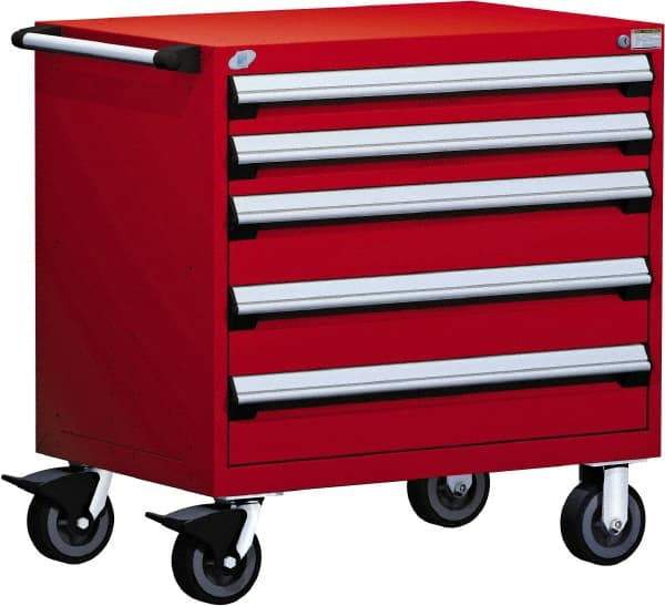 Rousseau Metal - 5 Drawer Steel Tool Roller Cabinet - 36" Wide x 37-1/2" High x 18" Deep, Ball Bearing Drawer Slides, Red - Caliber Tooling