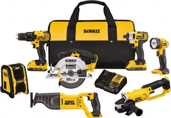 DeWALT - 20 Volt Cordless Tool Combination Kit - Includes 1/2" Compact Drill/Driver, 1/4" Impact Driver, Cut-off Tool/Grinder, Reciprocating Saw, 6-1/2 Circular Saw, LED Worklight & Bluetooth Speaker, Lithium-Ion Battery Included - Caliber Tooling