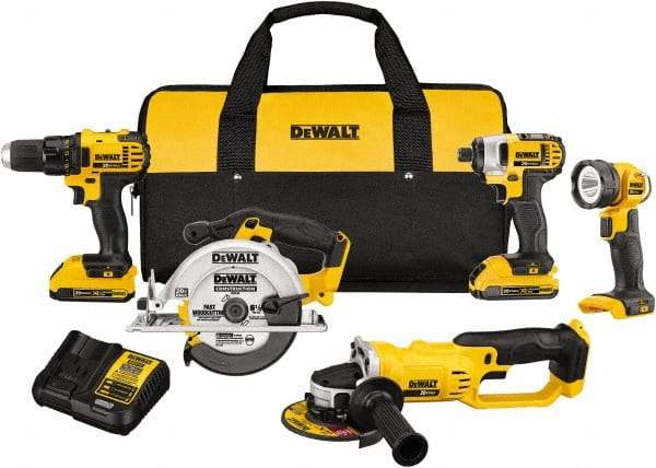 DeWALT - 20 Volt Cordless Tool Combination Kit - Includes 1/2" Compact Drill/Driver, 1/4" Impact Driver, Cut-off Tool/Grinder, 6-1/2 Circular Saw & LED Worklight, Lithium-Ion Battery Included - Caliber Tooling