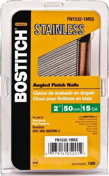 Stanley Bostitch - 15 Gauge 0.07" Shank Diam 1-1/2" Long Finishing Nails for Power Nailers - Stainless Steel, Smooth Shank, Angled Stick Adhesive Collation, Round Head, Chisel Point - Caliber Tooling