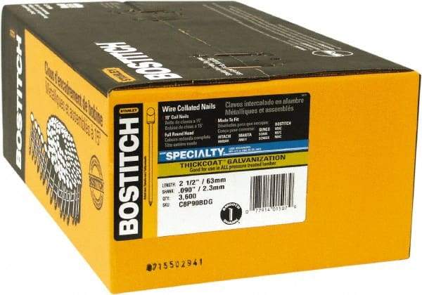 Stanley Bostitch - 13 Gauge 2-1/2" Long Siding Nails for Power Nailers - Steel, Galvanized Finish, Smooth Shank, Coil Wire Collation, Round Head, Blunt Diamond Point - Caliber Tooling