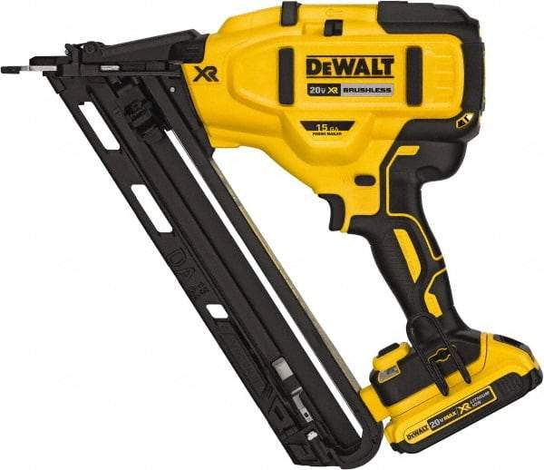 DeWALT - Cordless Finish Nailer Kit - 15 Gauge Nail Diam, 1-1/4 to 2-1/2" Long Nail, Includes DCB203 2Ah Battery, Carry Bag & Charger - Caliber Tooling