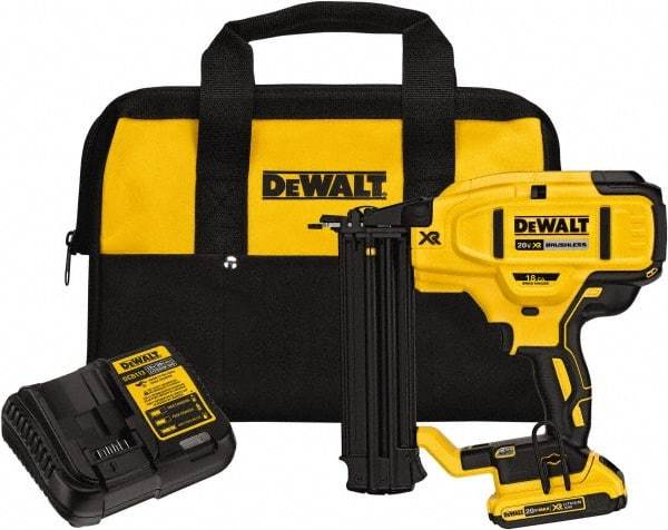 DeWALT - Cordless Brad Nailer Kit - 18 Gauge Nail Diam, 5/8 to 2-1/8" Long Nail, Includes DCB203 2Ah Battery, Carry Bag & Charger - Caliber Tooling