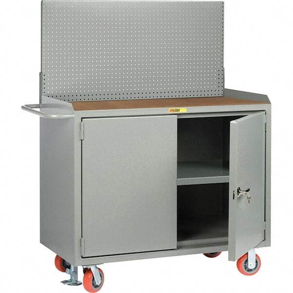 Little Giant - 3,600 Lb Capacity, 3 Shelf, 2 Door Mobile Bench Cabinet with Pegboard Panel - 53" Wide x 24" Deep x 43" High, Steel, Gray - Caliber Tooling