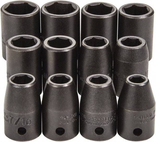 Proto - 12 Piece 1/2" Drive Full Polish Finish Impact Socket Set - 6 Points, 3/4" to 3/4" (8mm to 19mm) Range, Inch/Metric Measurement Standard - Caliber Tooling