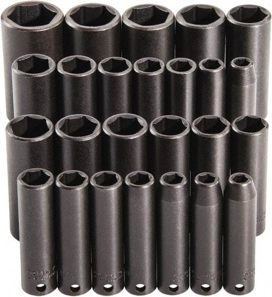 Proto - 25 Piece 3/8" Drive Deep Impact Socket Set - 6 Points, 15/16 to 1", 7 to 19mm, Inch/Metric Measurement Standard - Caliber Tooling