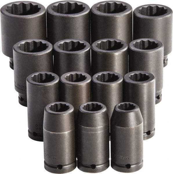 Proto - 15 Piece 3/4" Drive Full Polish Finish Deep Well Impact Socket Set - 12 Points, 19mm to 43mm Range, Metric Measurement Standard - Caliber Tooling