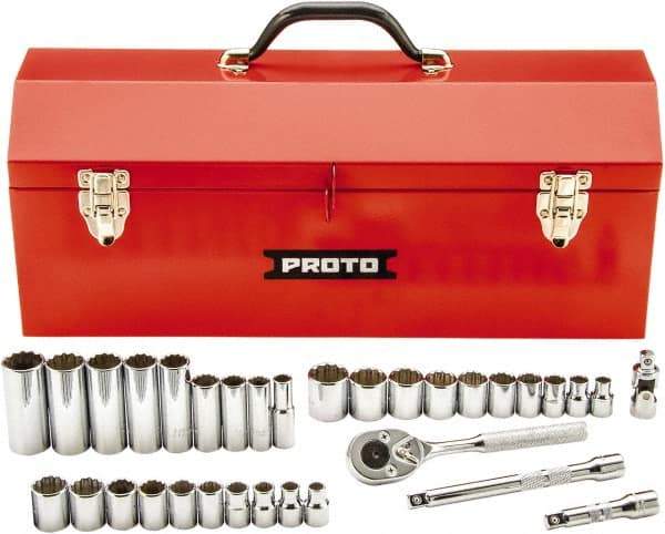 Proto - 34 Piece 3/8" Drive Chrome Finish Deep Well Socket Set - 12 Points, 5/16" (8mm to 19mm) Range, Inch/Metric Measurement Standard - Caliber Tooling